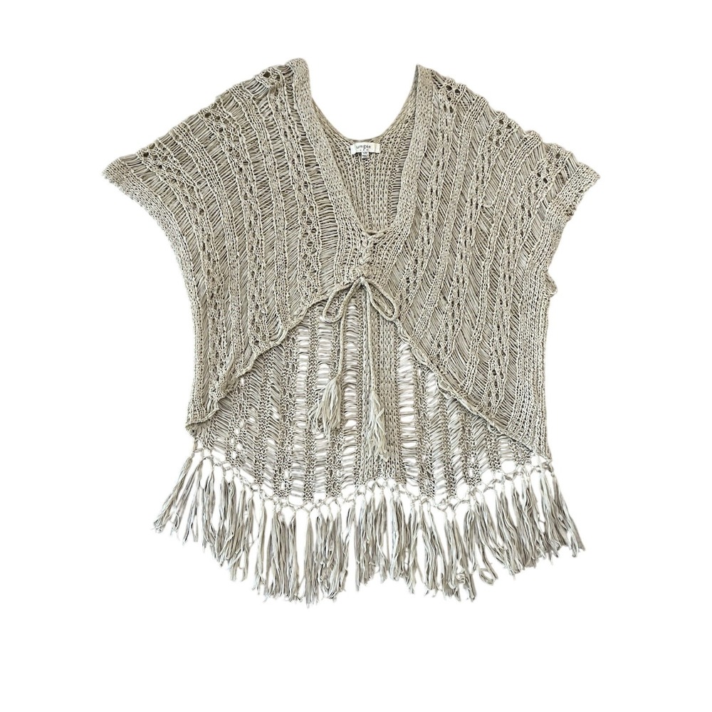 Umgee Hi Low Cardigan Womens S/M Beige Crochet Fringe Open Knit Boho Festival